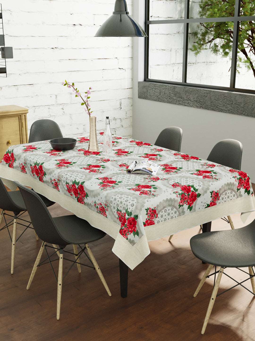 6 Seater Dining Table Cover; Material - PVC; Anti Slip; Red & White