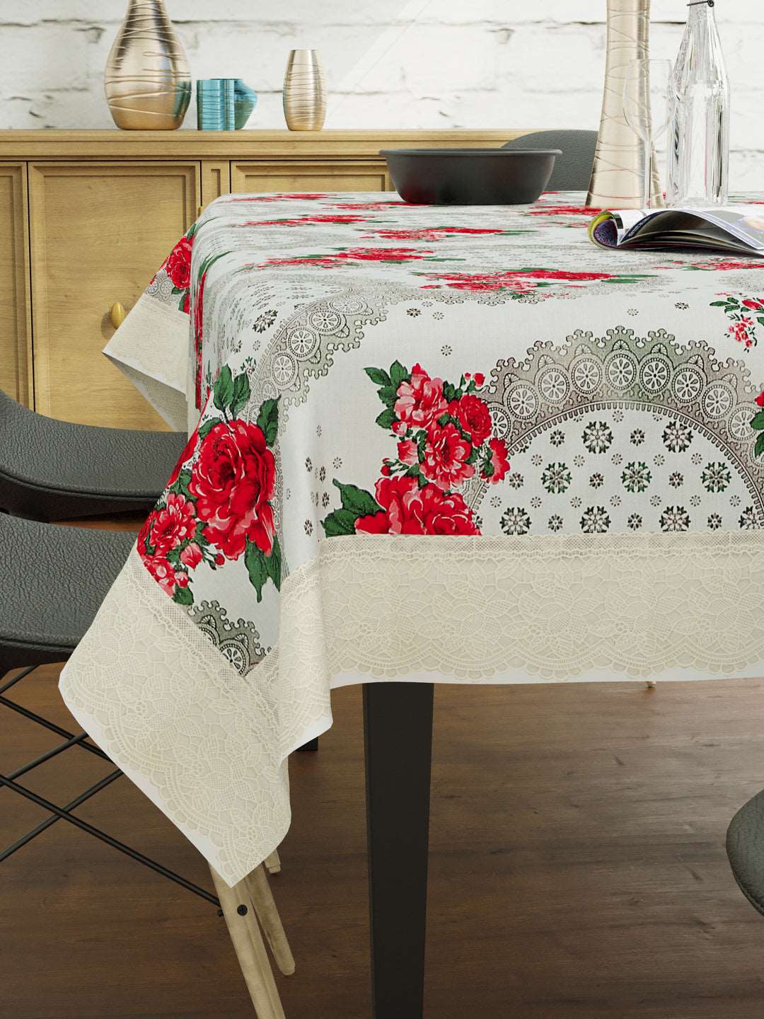 6 Seater Dining Table Cover; Material - PVC; Anti Slip; Red & White