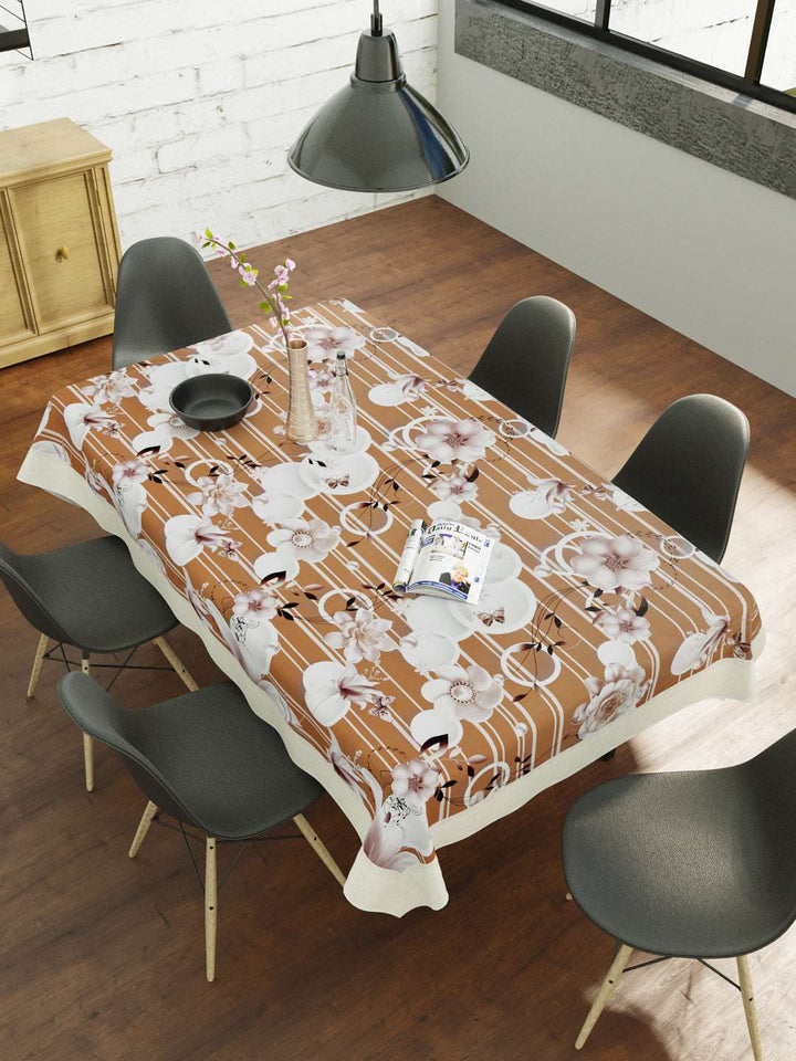 6 Seater Dining Table Cover; Material - PVC; Anti Slip; White & Brown