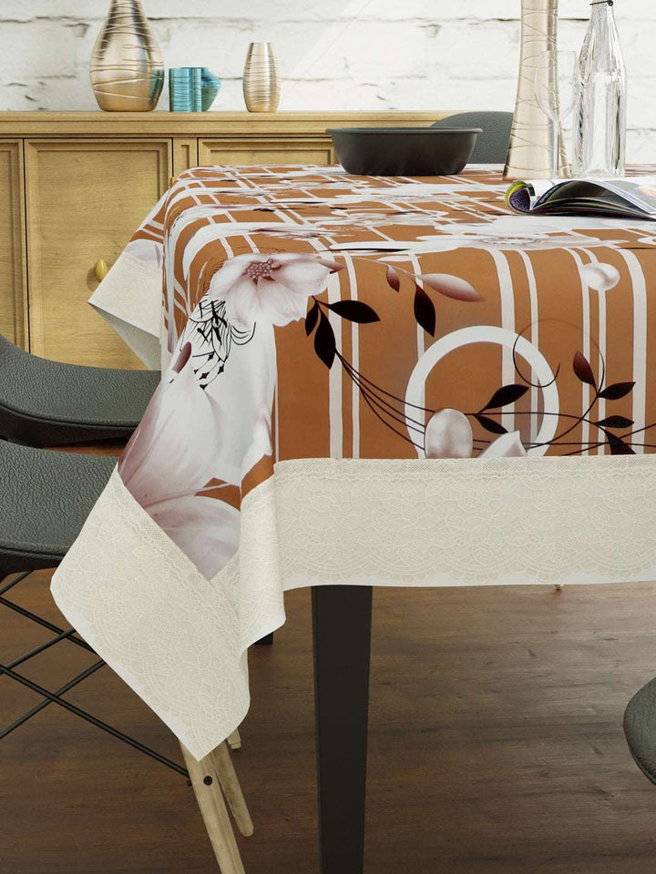 6 Seater Dining Table Cover; Material - PVC; Anti Slip; White & Brown