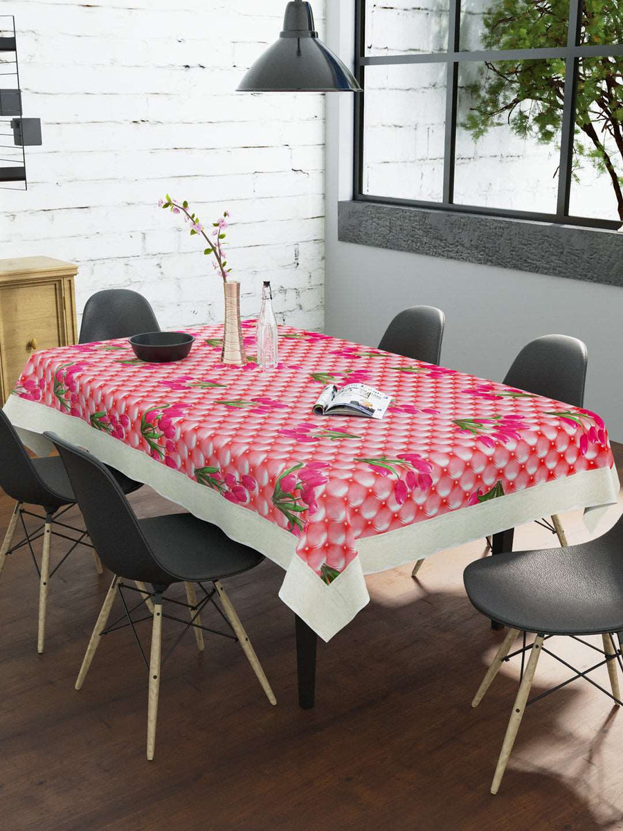 6 Seater Dining Table Cover; Material - PVC; Anti Slip; Pink