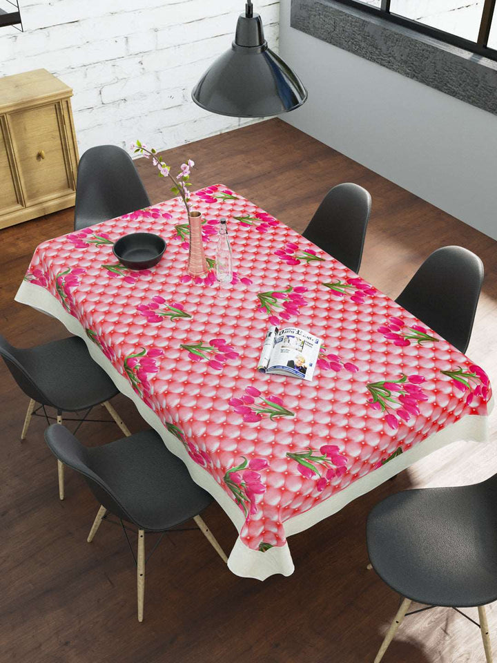 6 Seater Dining Table Cover; Material - PVC; Anti Slip; Pink