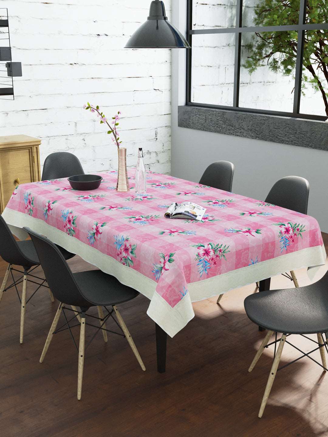 6 Seater Dining Table Cover; Material - PVC; Anti Slip; Pink & Green