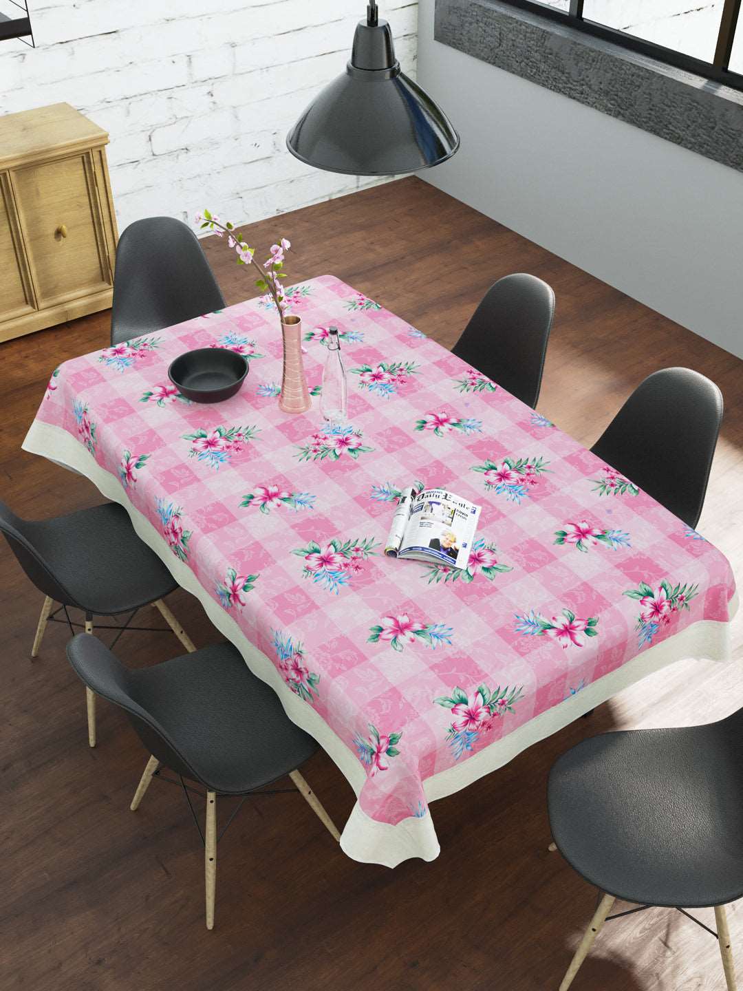 6 Seater Dining Table Cover; Material - PVC; Anti Slip; Pink & Green
