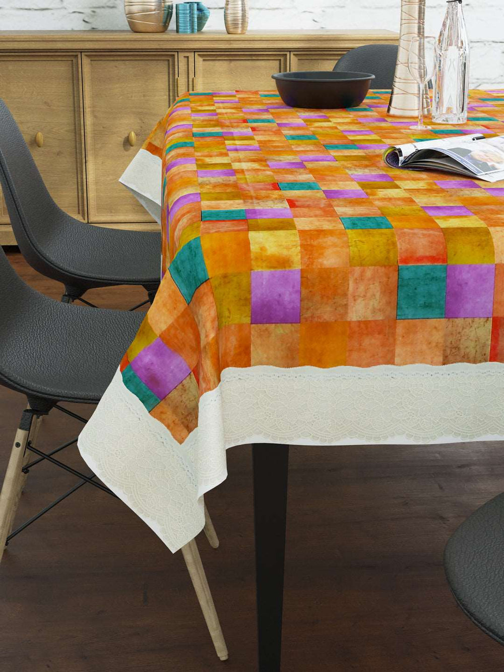 6 Seater Dining Table Cover; Material - PVC; Anti Slip; Multicolor & Orange