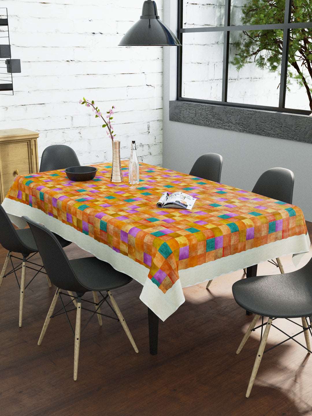 6 Seater Dining Table Cover; Material - PVC; Anti Slip; Multicolor & Orange