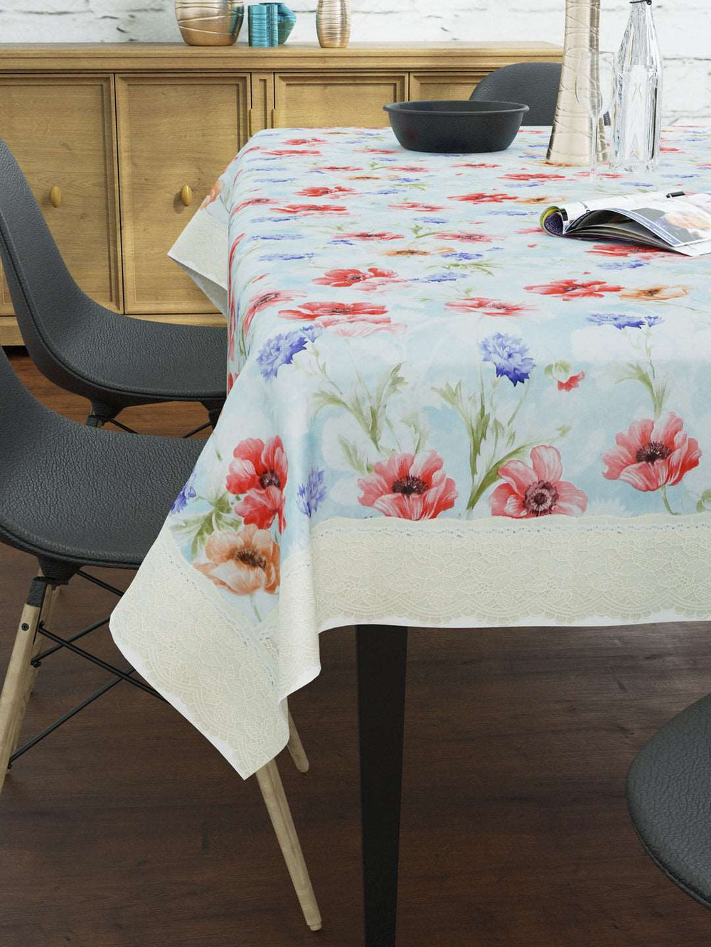 6 Seater Dining Table Cover; Material - PVC; Anti Slip; Red & Blue