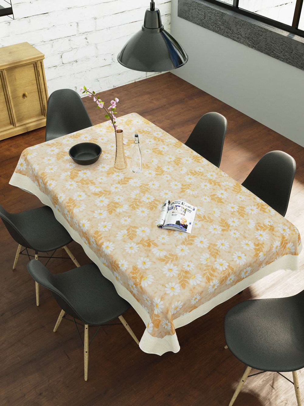 6 Seater Dining Table Cover; Material - PVC; Anti Slip; White & Beige