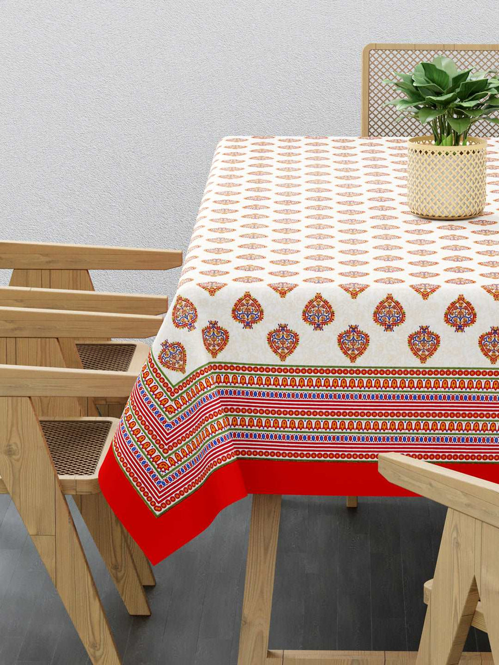 100% Cotton Table Cover 6 Seater, Red & Golden