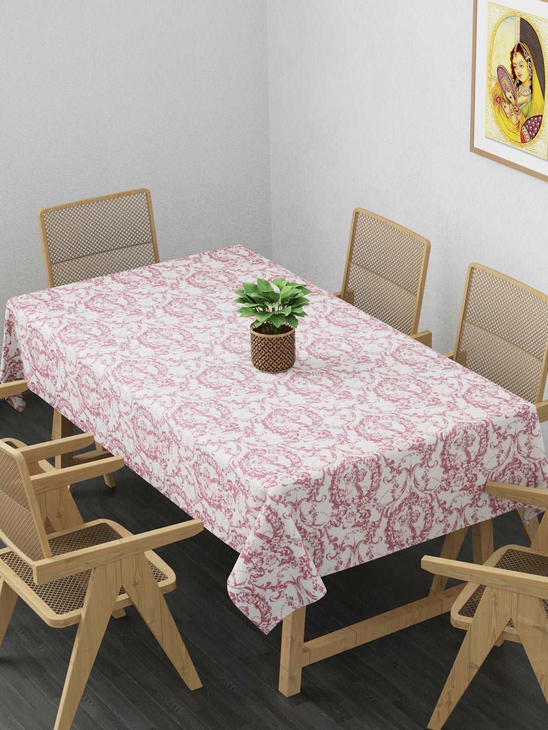 100% Cotton Table Cover 6 Seater, Traditional Print In Pink