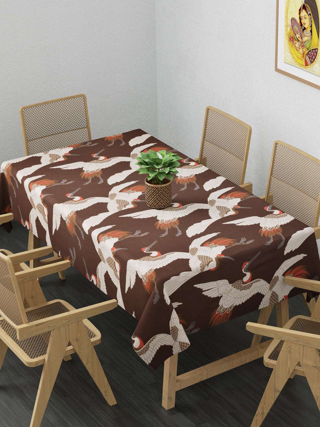 100% Cotton Table Cover 6 Seater, Bird Design On Brown