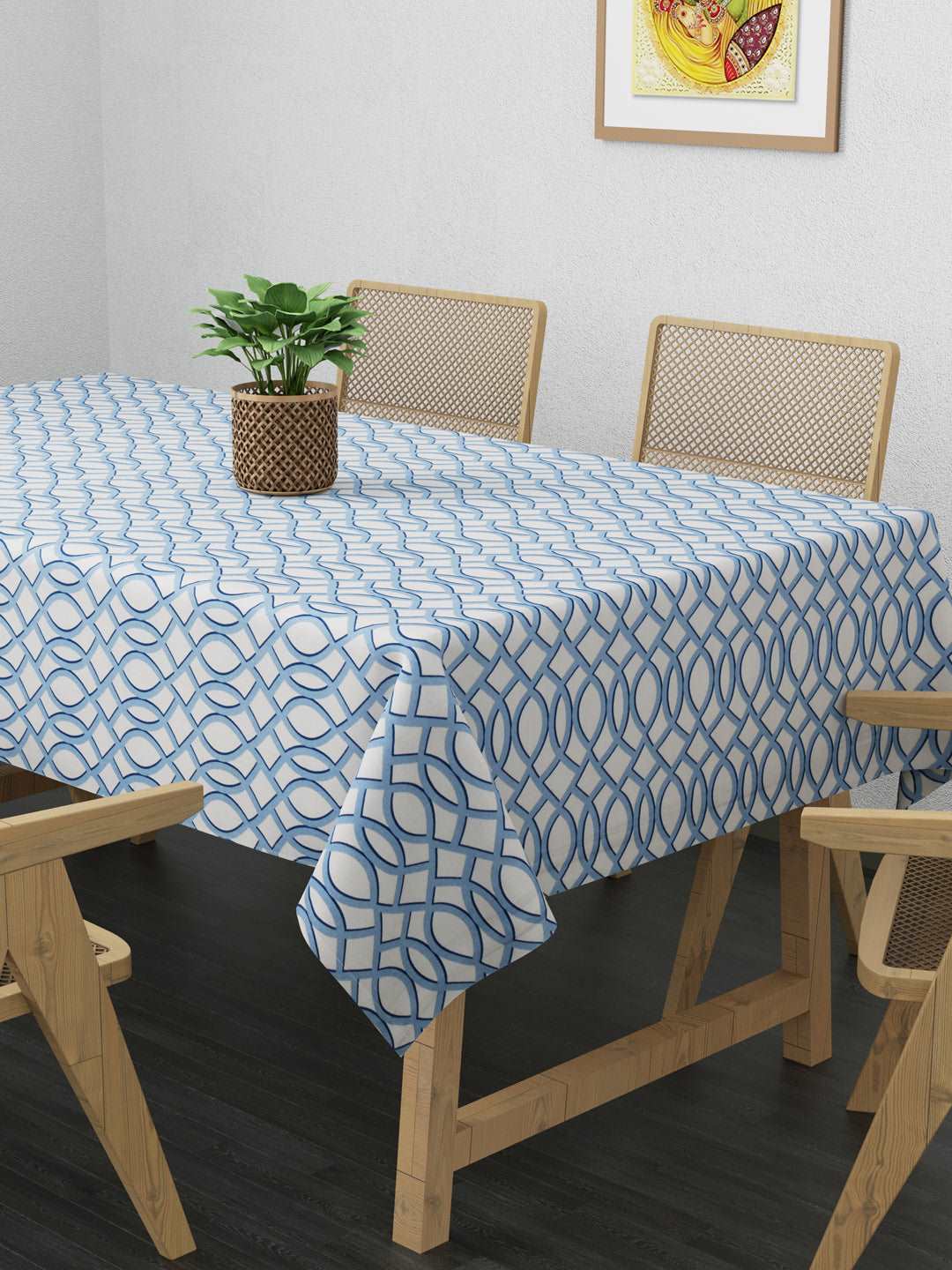 100% Cotton Table Cover 6 Seater, Blue & White