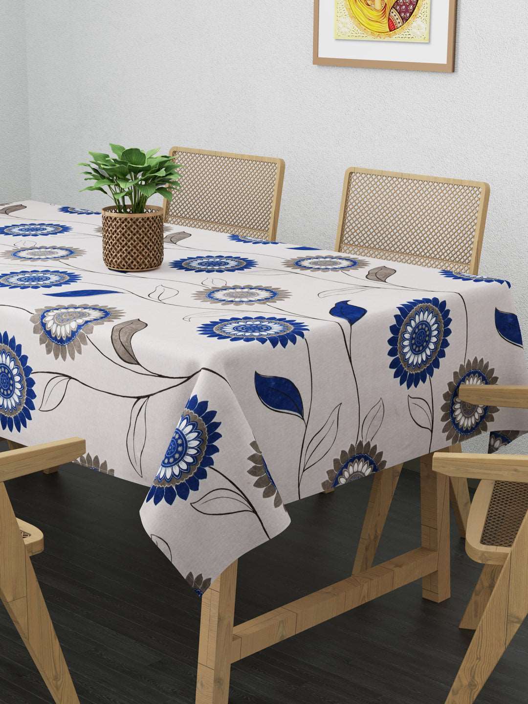 100% Cotton Table Cover 6 Seater, Blue & Grey