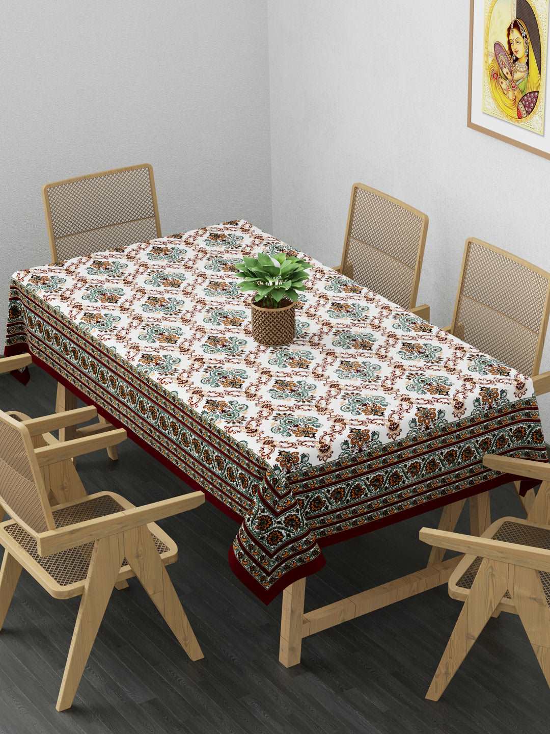 100% Cotton Table Cover 6 Seater, Green & Orange