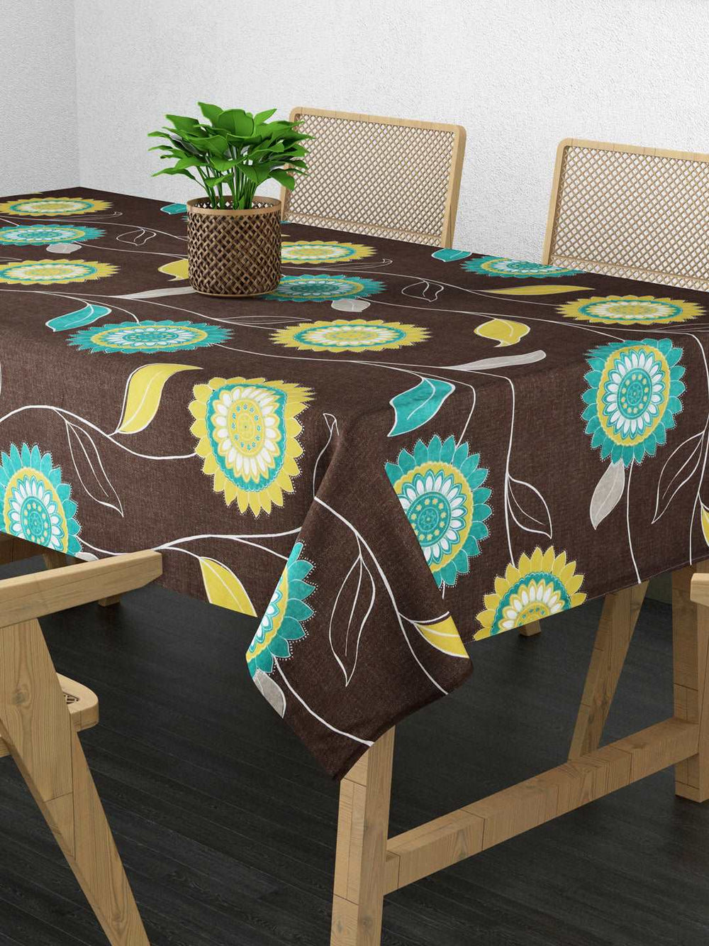 100% Cotton Table Cover 6 Seater, Grey, Yellow & Green Sunflower