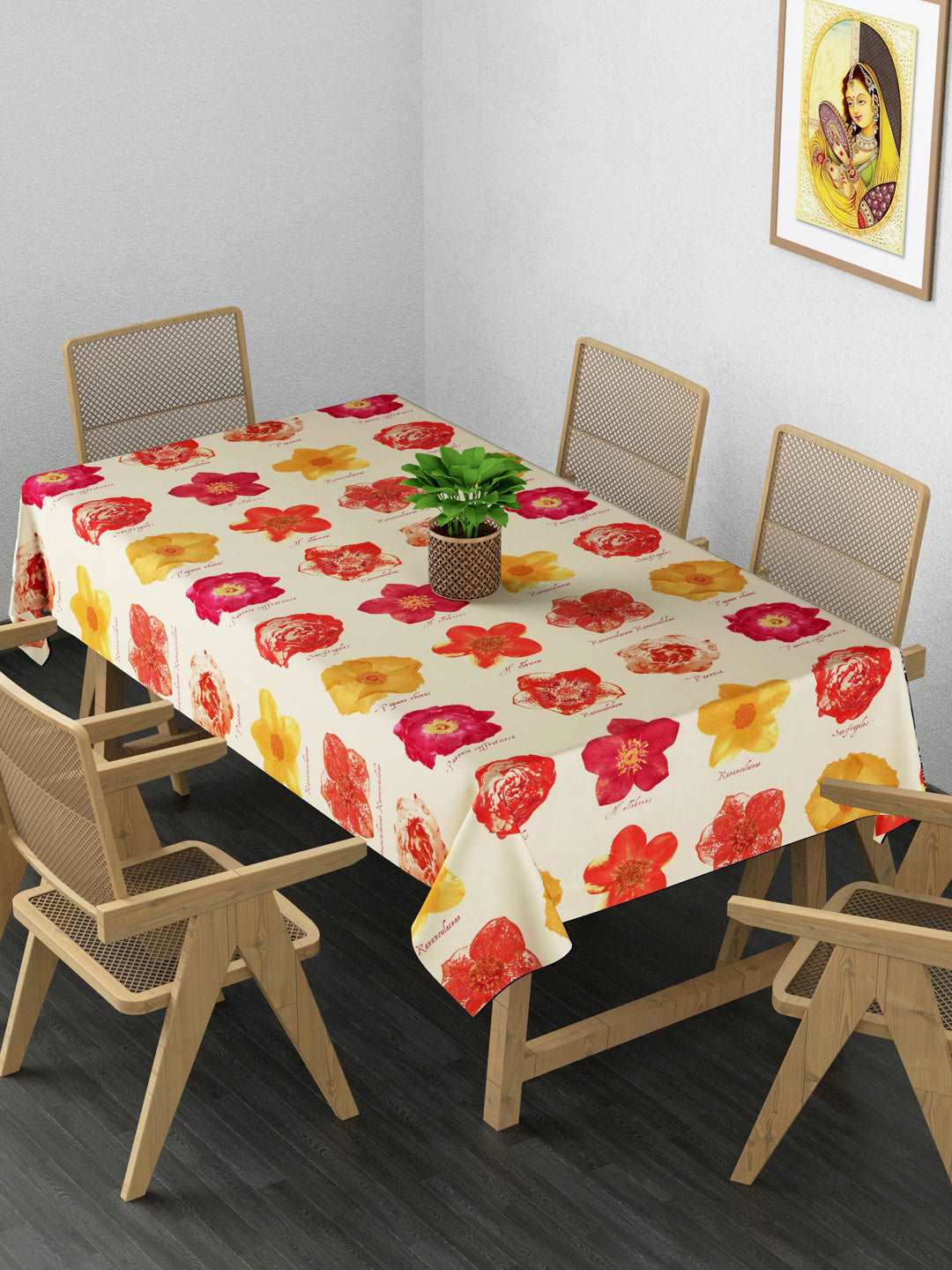 100% Cotton Table Cover 6 Seater, Red Yellow Flowers