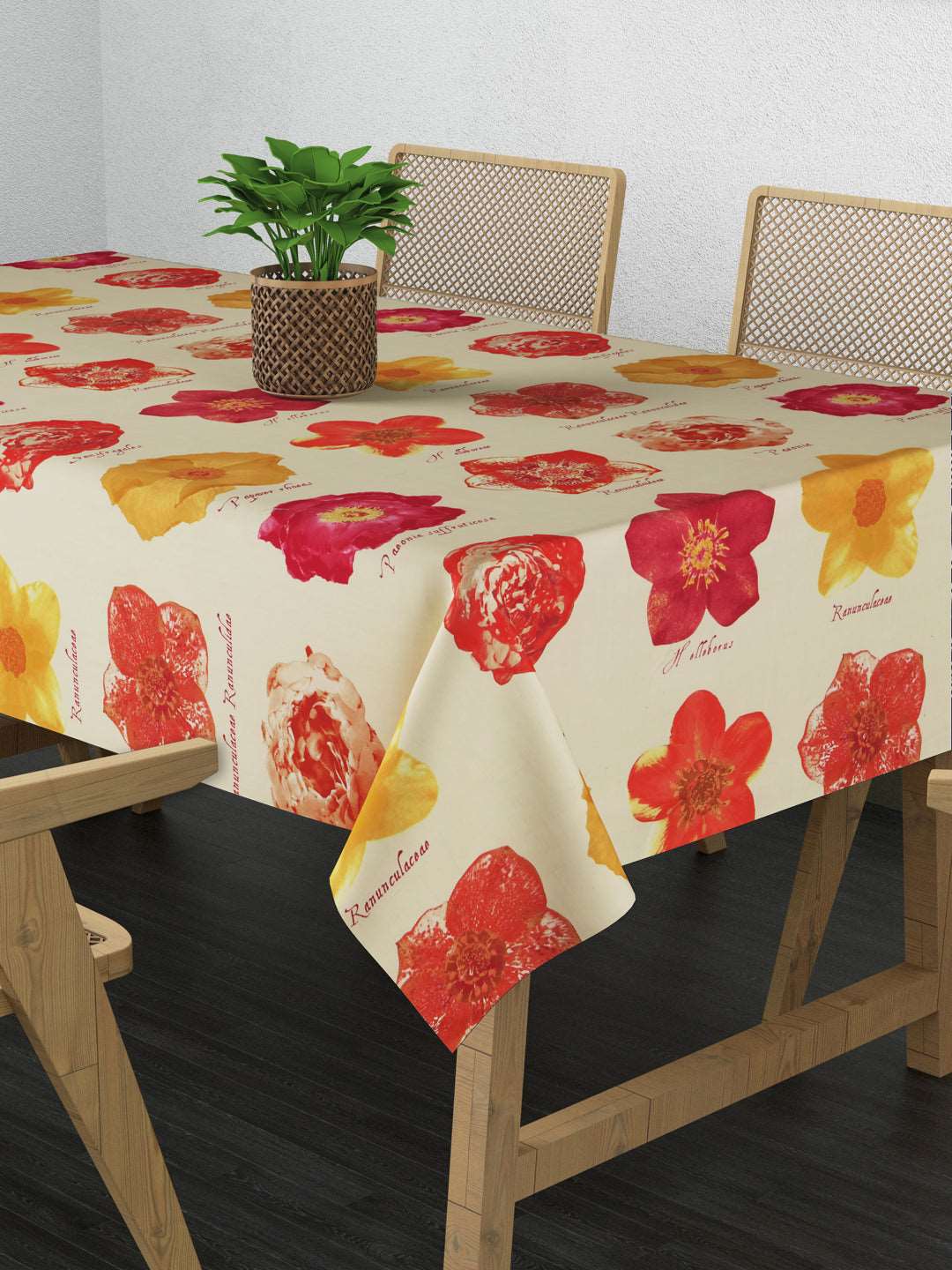 100% Cotton Table Cover 6 Seater, Red Yellow Flowers