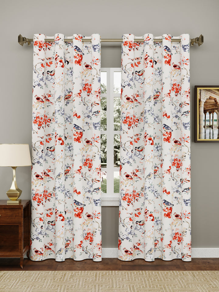 Cotton Curtains Set Of 2, Grey & Orange Birds