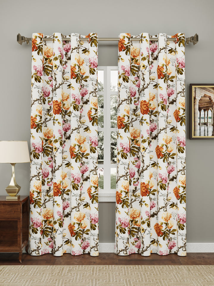 Cotton Curtains Set Of 2, Orange & Pink Flowers