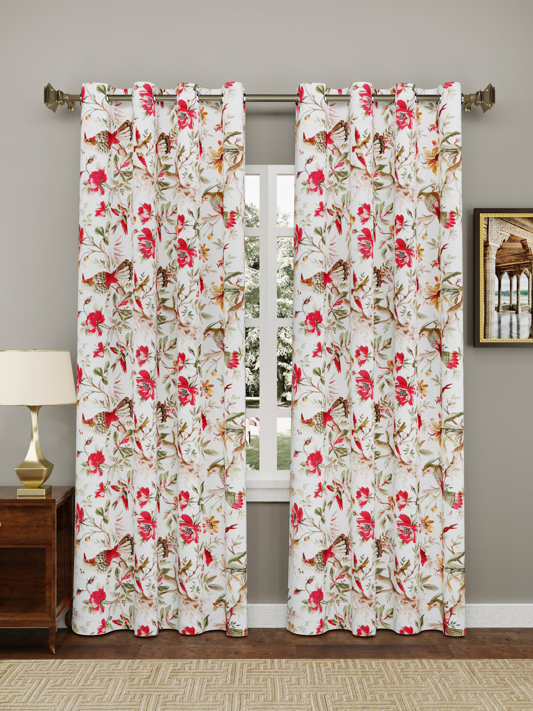 Cotton Curtains Set Of 2, Red Flowers & Birds