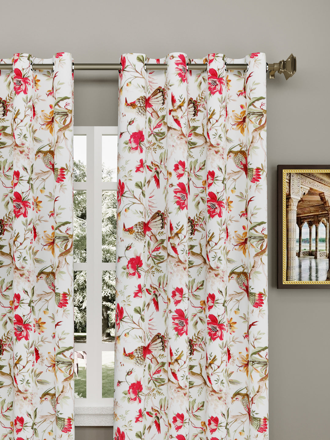 Cotton Curtains Set Of 2, Red Flowers & Birds