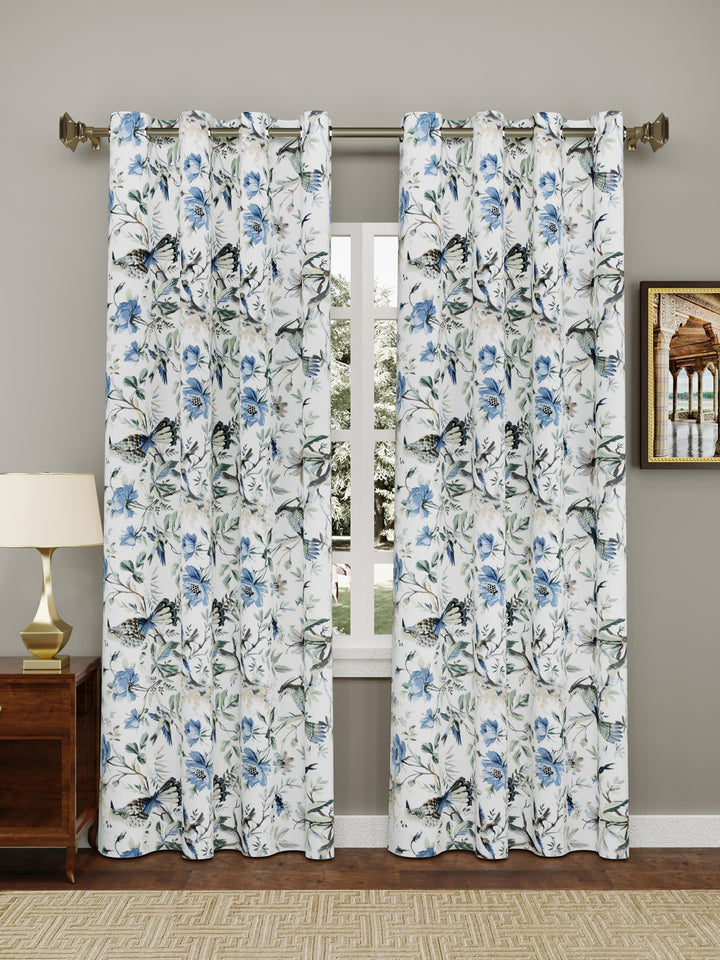 Cotton Curtains Set Of 2, Blue Flowers & Birds