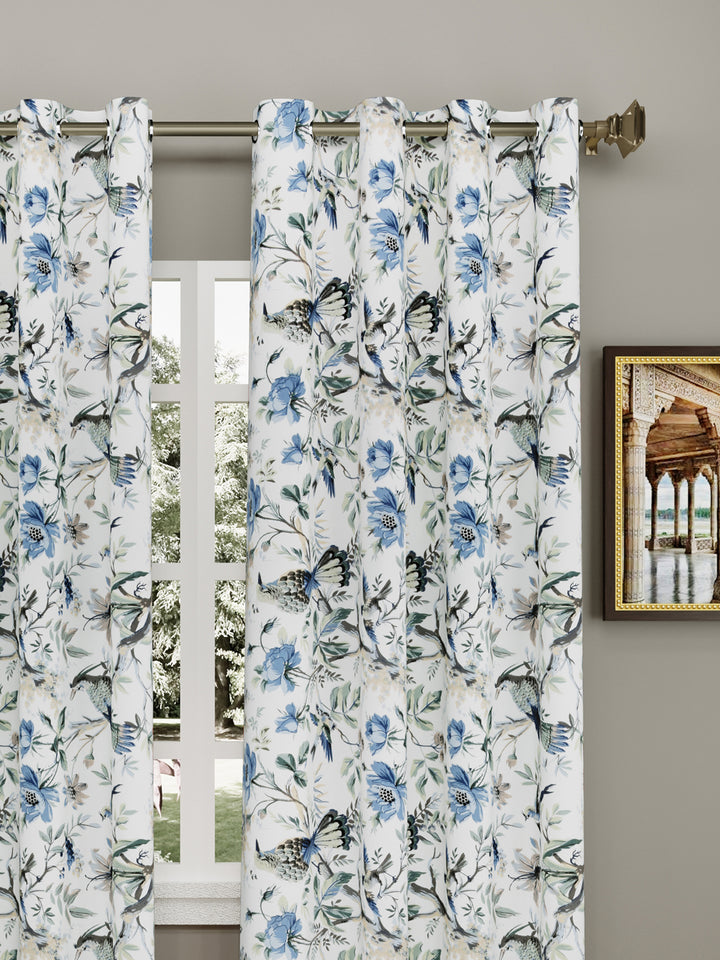 Cotton Curtains Set Of 2, Blue Flowers & Birds