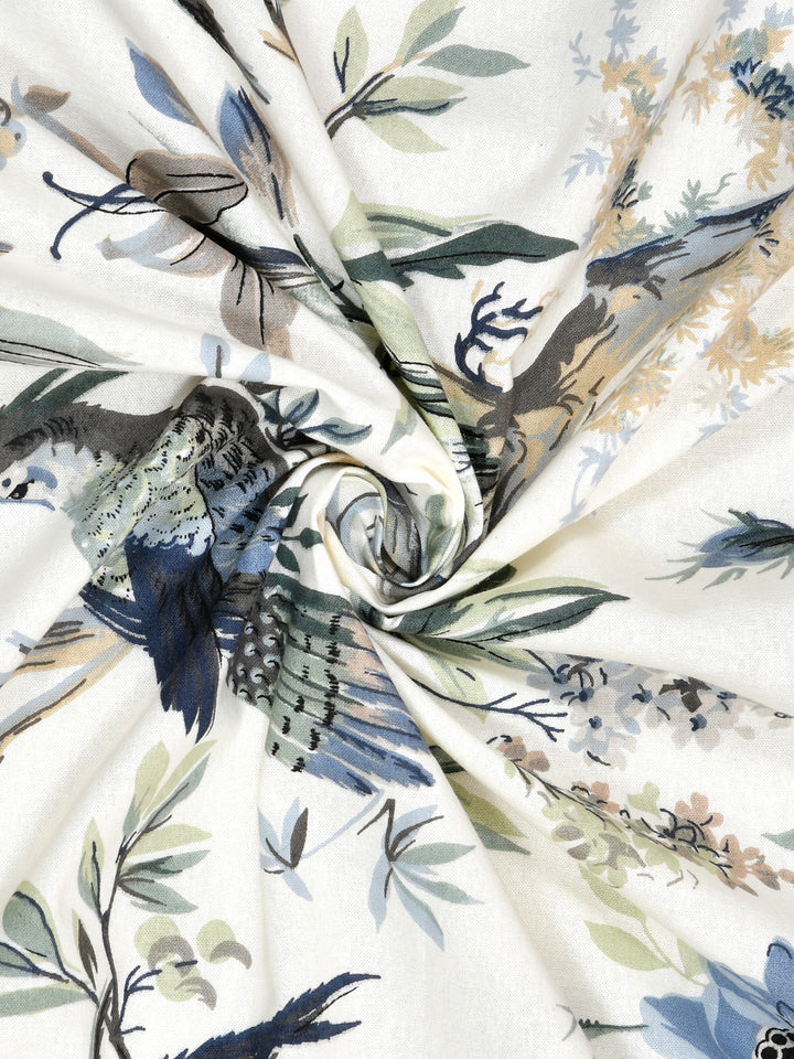 Cotton Curtains Set Of 2, Blue Flowers & Birds
