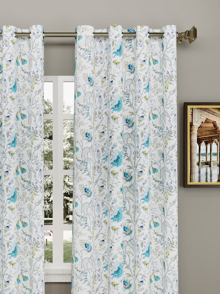Cotton Curtains Set Of 2, Turquoise Blue Flowers & Grey Leaves