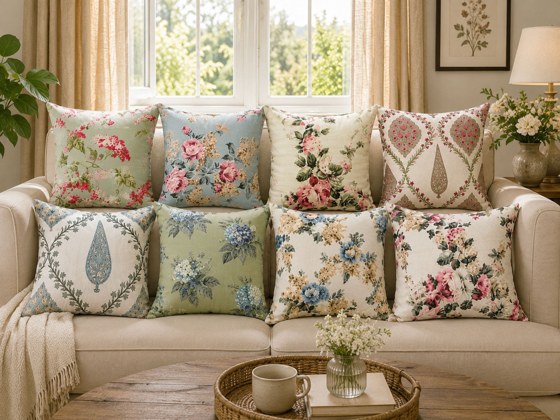 Decorative pillows on a sofa in a living room with floral patterns