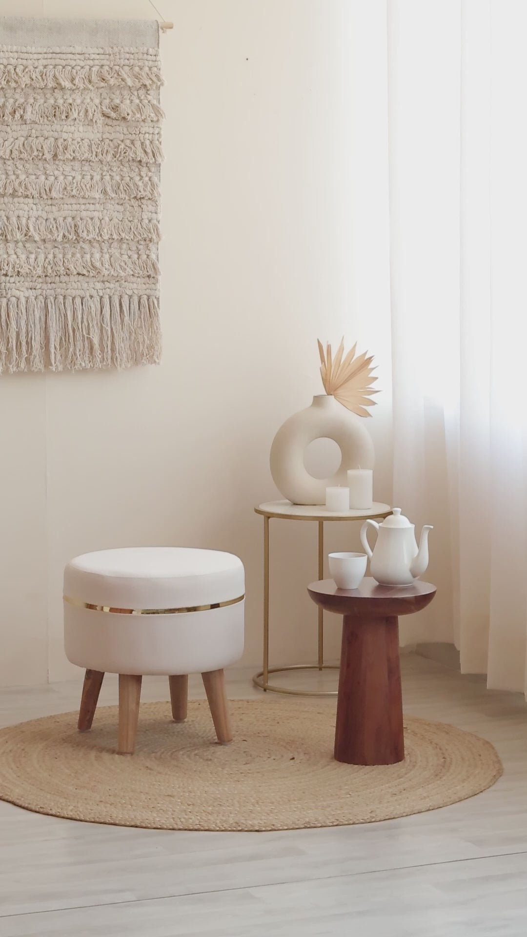 Suede Light Cream Stool With Golden Ring & Wood Legs