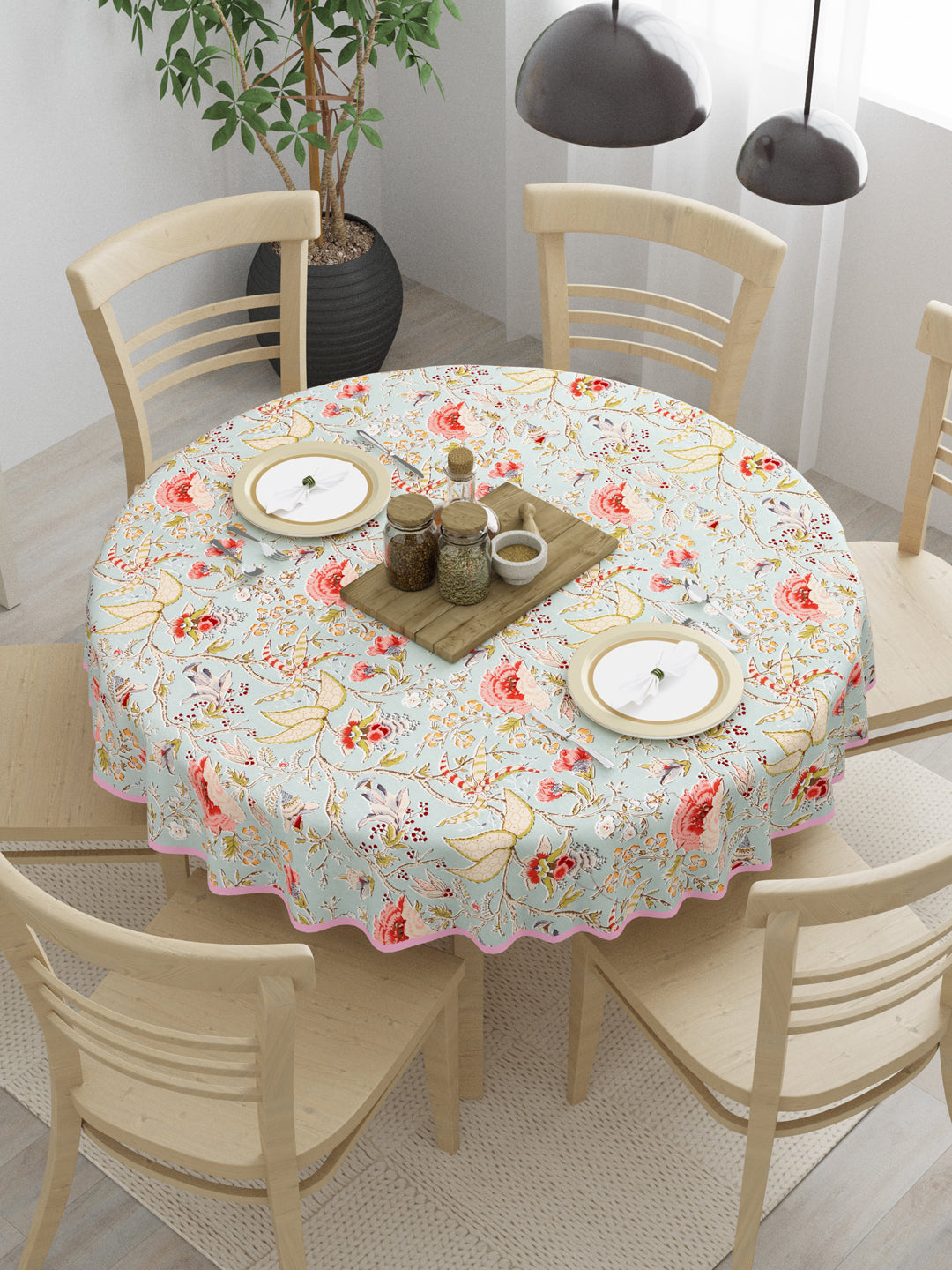 100% Cotton Round Table Cover; Light Orange Flowers