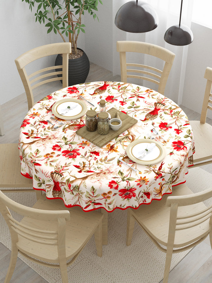 100% Cotton Round Table Cover; Red Flowers & Birds