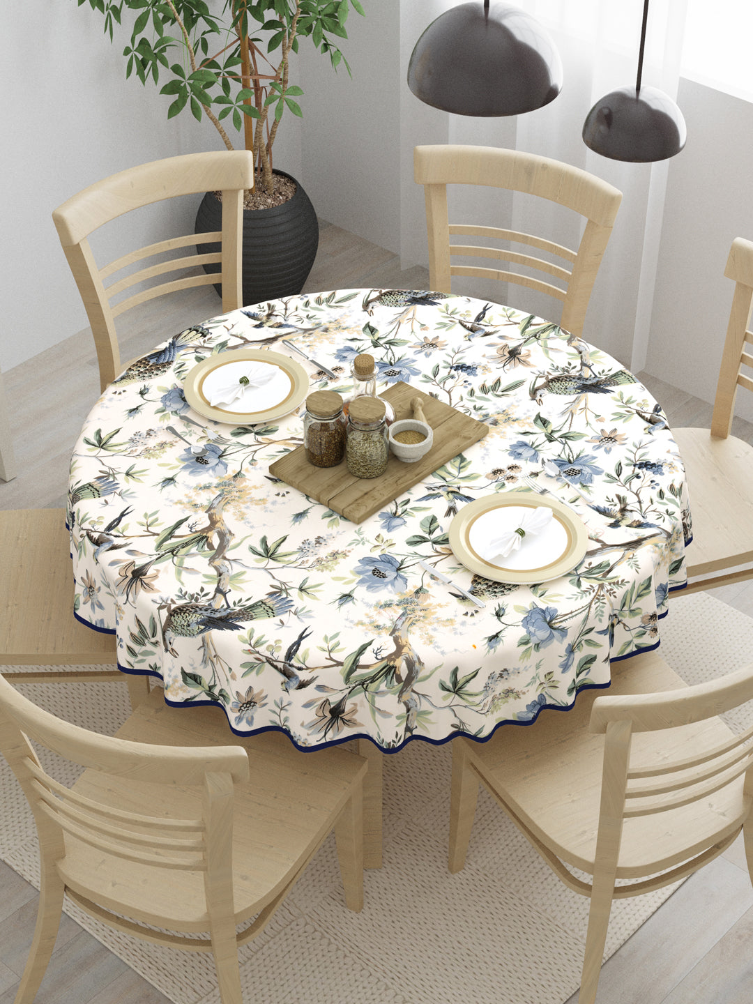100% Cotton Round Table Cover; Blue Flowers & Birds